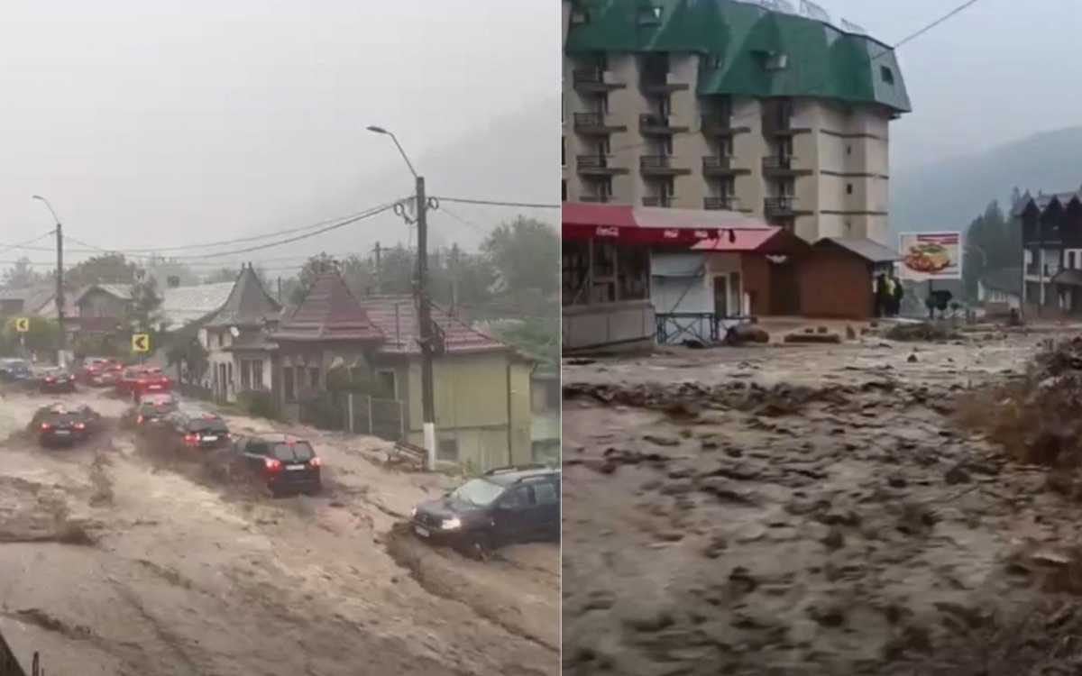 Imagini dramatice cu inundațiile din Bușteni. Mașinile au fost luate pe sus de șuvoaie, iar zeci de gospodării au fost evacuate