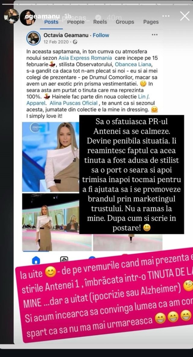 Alina Pușcaș, atac dur la adresa Octaviei Geamănu, despre care susține că a purtat haine oferite de ea