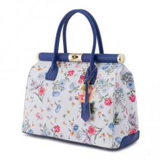Geanta piele alb/ albastru cu imprimeu floral GF509