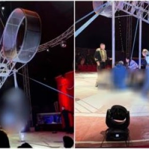 Momentul în care acrobatul spaniol cade de la 4 m în timpul spectacolului de la Craiova