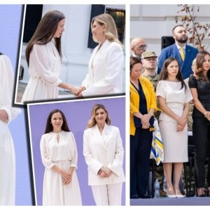 Cât costă rochia purtată de Mirabela Grădinaru în Ucraina. Ținuta este creată de Andreea Raicu