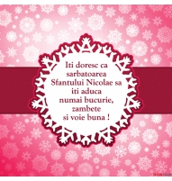 Felicitare de Sfantul Nicolae roz cu fulgi de nea