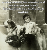 Felicitare de Craciun retro cu baiat si caine