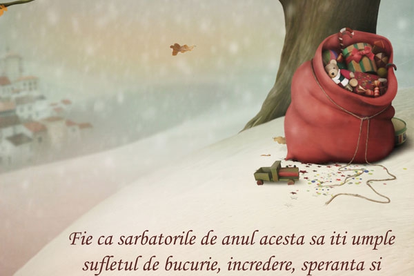 Felicitare de Craciun cu sacul lui Mos Craciun