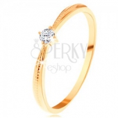 Inel de logodnă de aur de 14K - zirconiu rotund transparent, braţe cu crestături