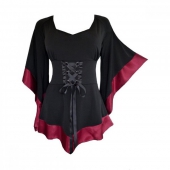 BLUZA DAMA MOV CU NEGRU MANECI FLUTURE INCHIDERE LA MIJLOC CU SIRET