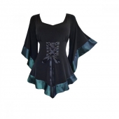 BLUZA DAMA VERDE CU NEGRU MANECI FLUTURE INCHIDERE LA MIJLOC CU SIRET