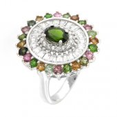 Inel din argint cu turmaline multicolore si diopsid chrome
