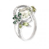 Inel din argint cu cuart verde, peridot si diopsid