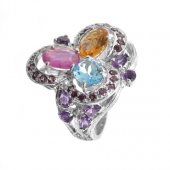Inel din argint cu citrin, topaz bleu, rubin