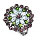 Inel din argint cu blue topaz, rodolit si diopsid