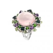 Inel din argint cu cuart roz, safir, diopsid, peridot
