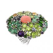 Inel din argint cu opal roz, tanznait, diopsid chrome