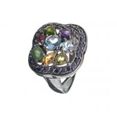 Inel din argint cu topaz bleu, ametist, rubin, diopsid chrome