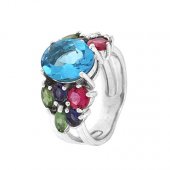 Inel din argint cu london bleu topaz, tanzanit, turmalina roz și safire verzi