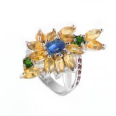 Inel din argint cu safir, citrin, diopsid chrome