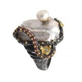 Inel din argint cu perlă barocă, de cultură, safir, peridot