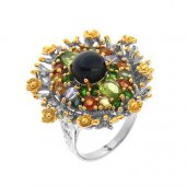 Inel din argint cu safir stea, peridot, diopsid, tanzanit si safire multicolore