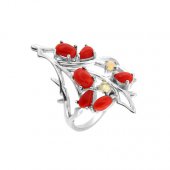 Inel din argint cu opal și coral roșu