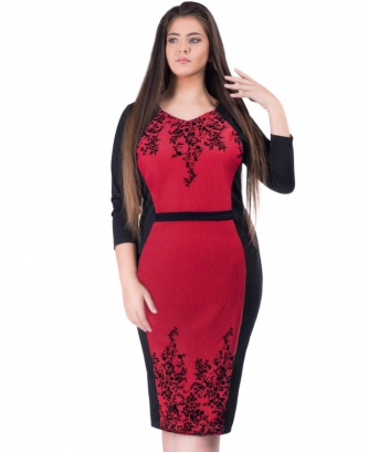 Rochie Magdalena PLUS rosu - imprimeu catifea