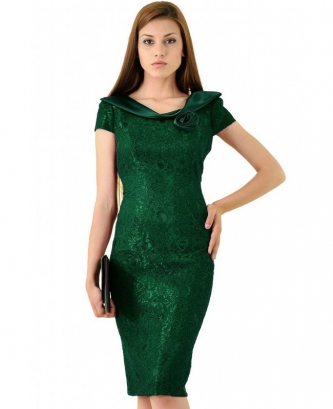 Rochie Lilianne satin si dantela verde inchis