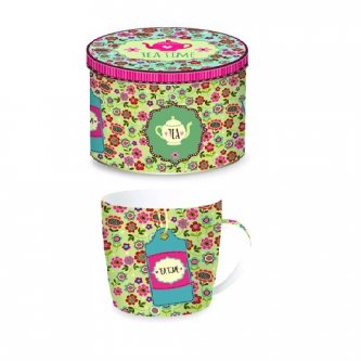 Cana portelan - Tea Time Background Green Mug In Tin Gift Box