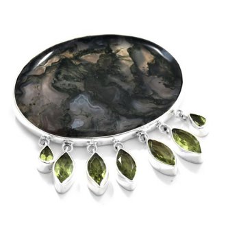Brosa din argint cu agat moss si peridot