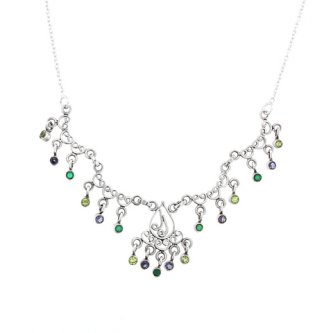 Colier din argint cu peridot, iolit si agat verde