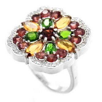 Inel din argint cu chrom diopsid, granat, safir, citrin