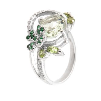 Inel din argint cu cuart verde, peridot si diopsid
