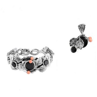 Set din argint cu onix si coral roz