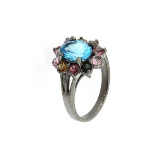 Inel din argint cu topaz bleu london si turmaline multicolore