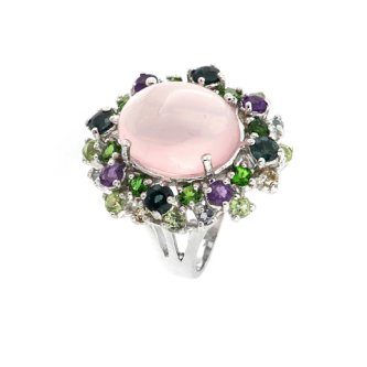 Inel din argint cu cuart roz, safir, diopsid, peridot