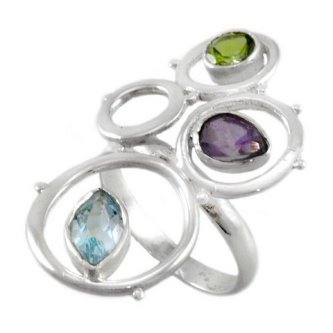 Inel din argint cu ametist, topaz bleu si peridot