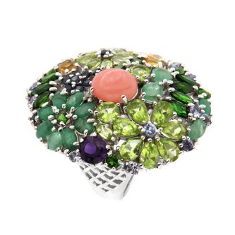 Inel din argint cu opal roz, tanznait, diopsid chrome
