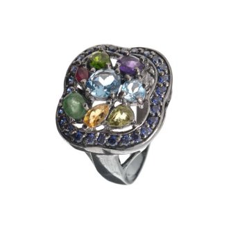 Inel din argint cu topaz bleu, ametist, rubin, diopsid chrome