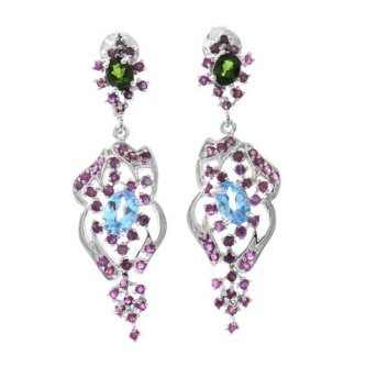 Cercei din argint cu chrom diopsid,blue topaz și rubin