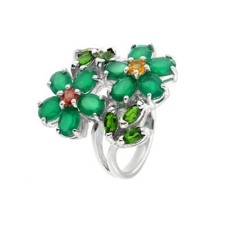 Inel din argint cu agat verde, turmaline multicolore și diopsid chrome