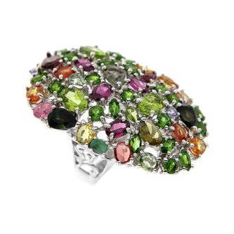 Inel din argint cu rodolit, diopsid, peridot, tanzanit și safire multicolore