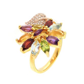 Inel din argint cu granat, topaz bleu, peridot, citrin și ametist