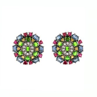 Cercei din argint cu safir, diopsid chrome, citrin si turmaline roz