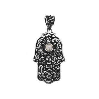 Pandantiv din argint Hamsa cu perlă de cultură