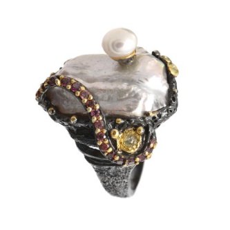 Inel din argint cu perlă barocă, de cultură, safir, peridot