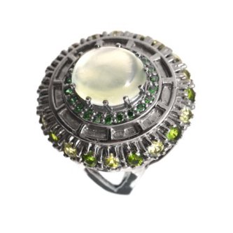 Inel din argint cu prehnit, diopsid chrome și peridot