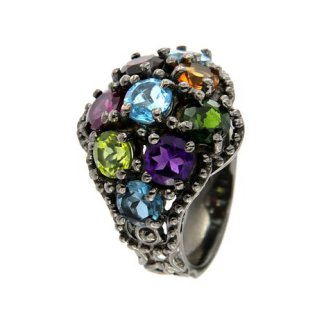 Inel din argint cu topaz bleu, granat, ametist
