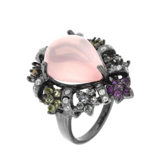 Inel din argint cu cuart roz, peridot, topaz bleu, ametist si citrin