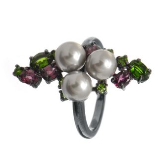 Inel din argint cu perle de cultură, rodolit și diopsid chrome