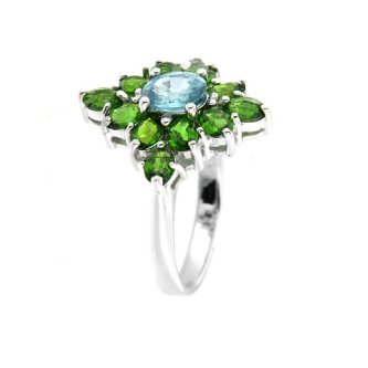 Inel din argint cu diopsid chrome și topaz bleu