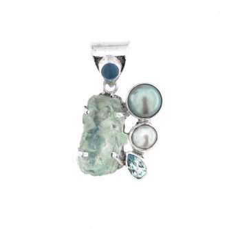 Pandantiv din argint cu acvamarin, perle de cultură, topaz bleu